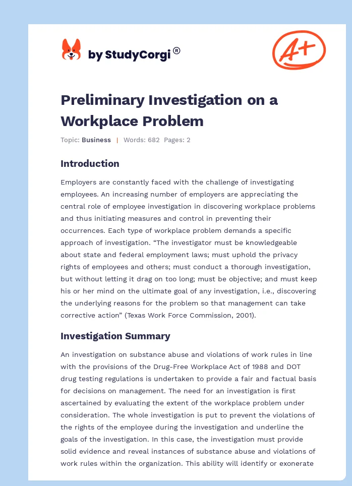 Preliminary Investigation on a Workplace Problem. Page 1