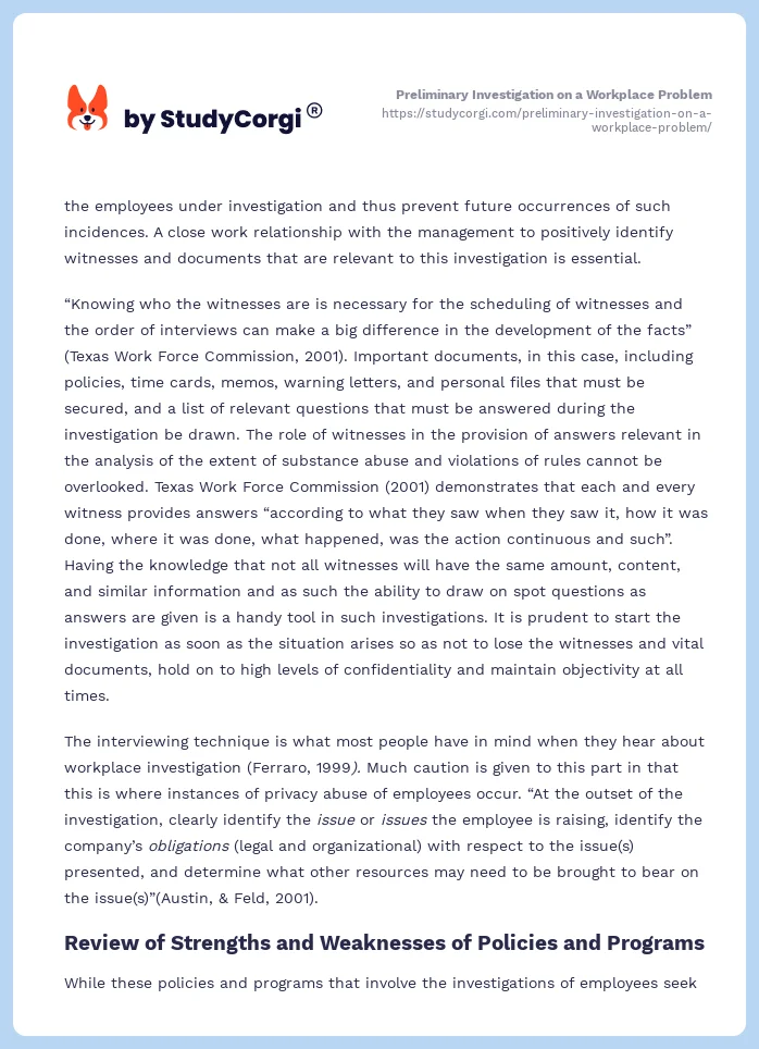 Preliminary Investigation on a Workplace Problem. Page 2