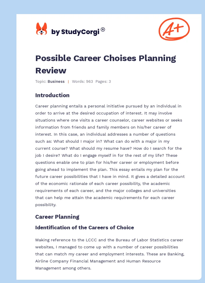 Possible Career Choises Planning Review. Page 1