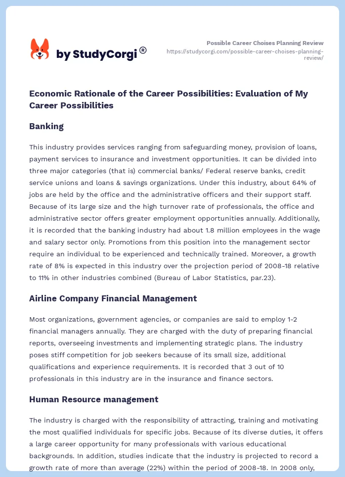 Possible Career Choises Planning Review. Page 2