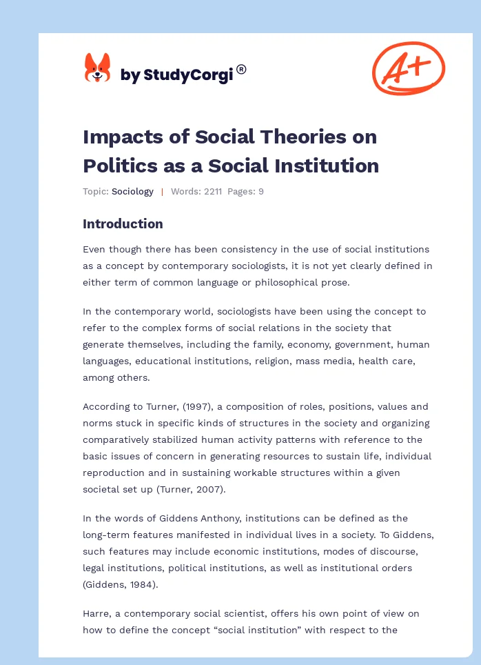 Impacts of Social Theories on Politics as a Social Institution. Page 1