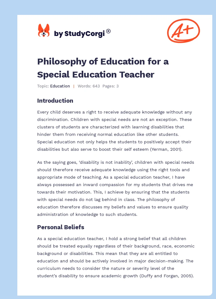 Philosophy of Education for a Special Education Teacher. Page 1