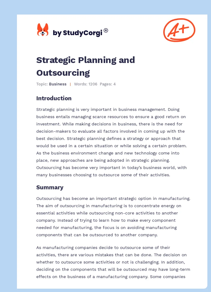 Strategic Planning and Outsourcing. Page 1