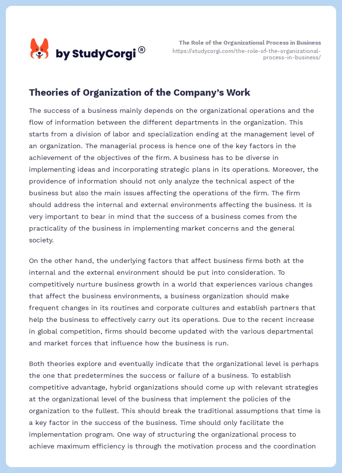 The Role of the Organizational Process in Business. Page 2