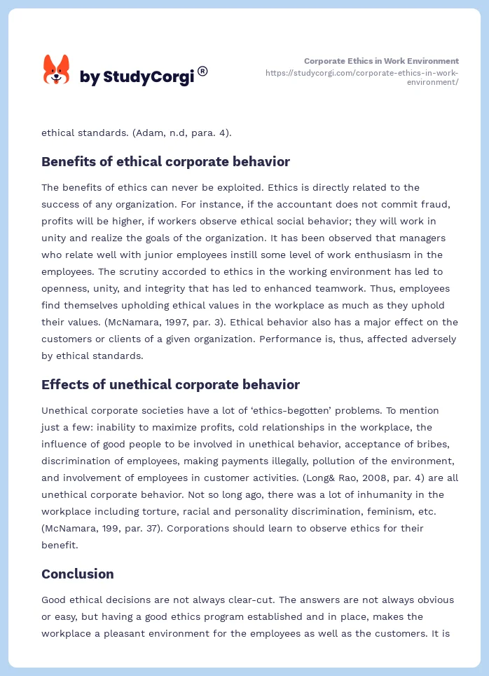 Corporate Ethics in Work Environment. Page 2