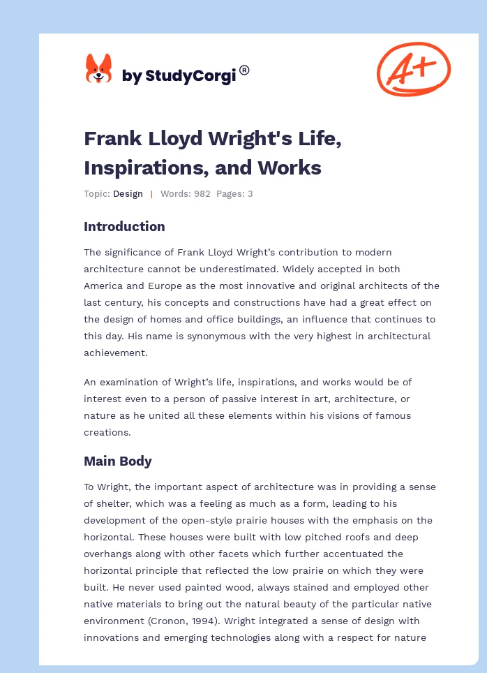 Frank Lloyd Wright's Life, Inspirations, and Works. Page 1