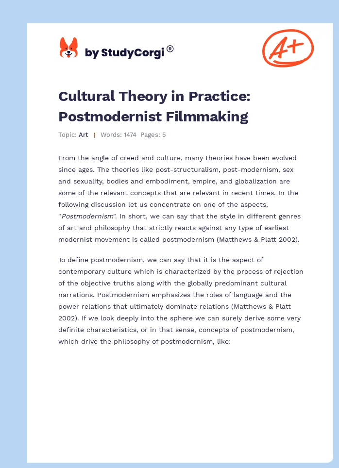 Cultural Theory in Practice: Postmodernist Filmmaking. Page 1