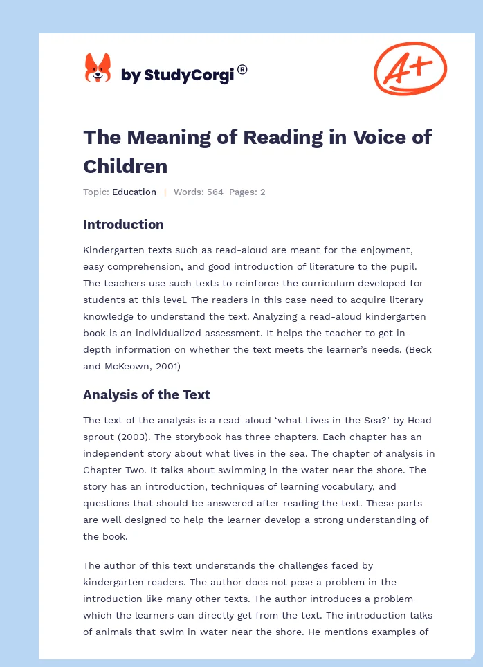 The Meaning of Reading in Voice of Children. Page 1