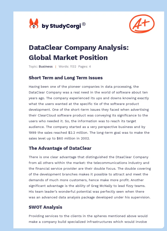 DataClear Company Analysis: Global Market Position. Page 1