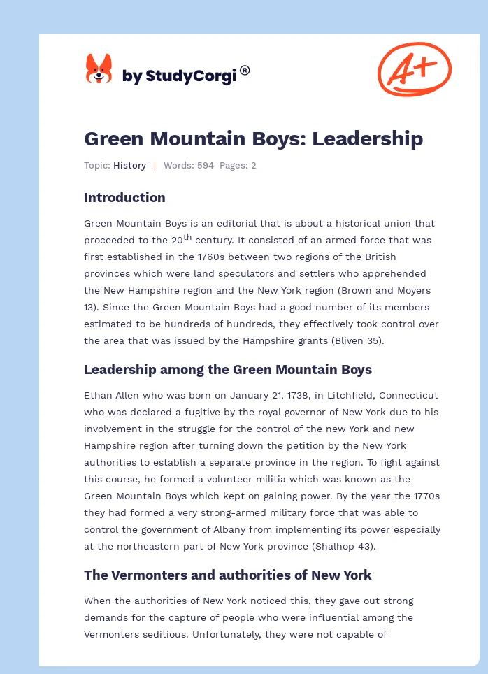 Green Mountain Boys: Leadership. Page 1