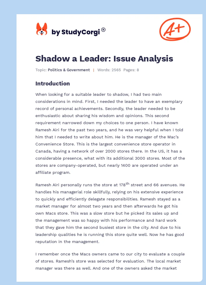 Shadow a Leader: Issue Analysis. Page 1