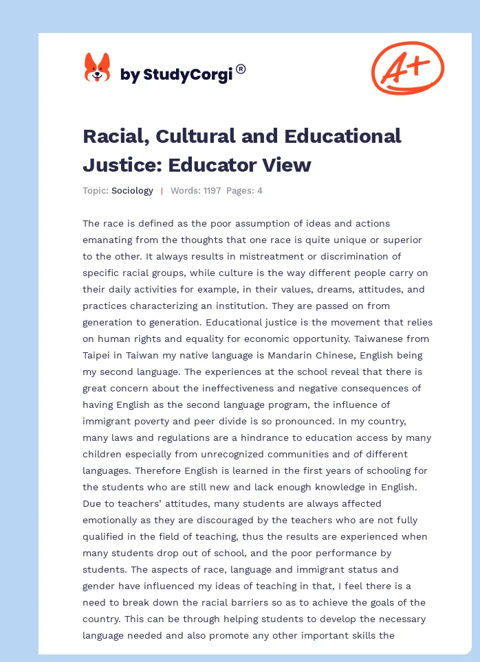 Racial, Cultural and Educational Justice: Educator View. Page 1
