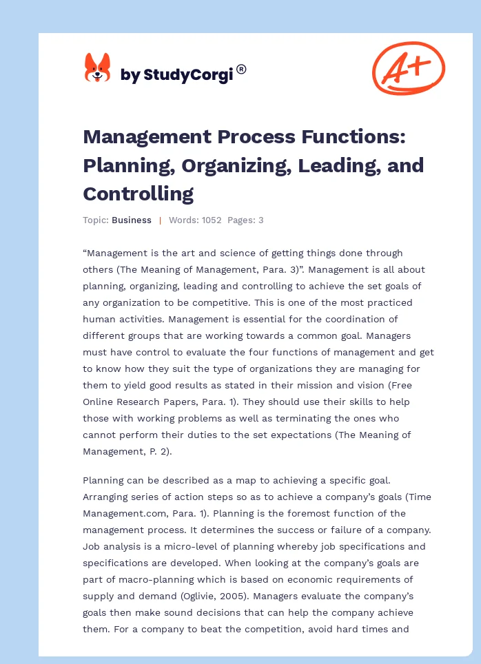 Management Process Functions: Planning, Organizing, Leading, and Controlling. Page 1