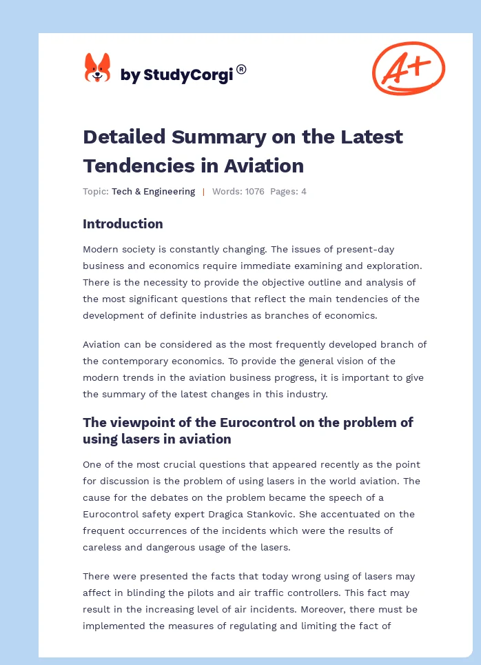 Detailed Summary on the Latest Tendencies in Aviation. Page 1