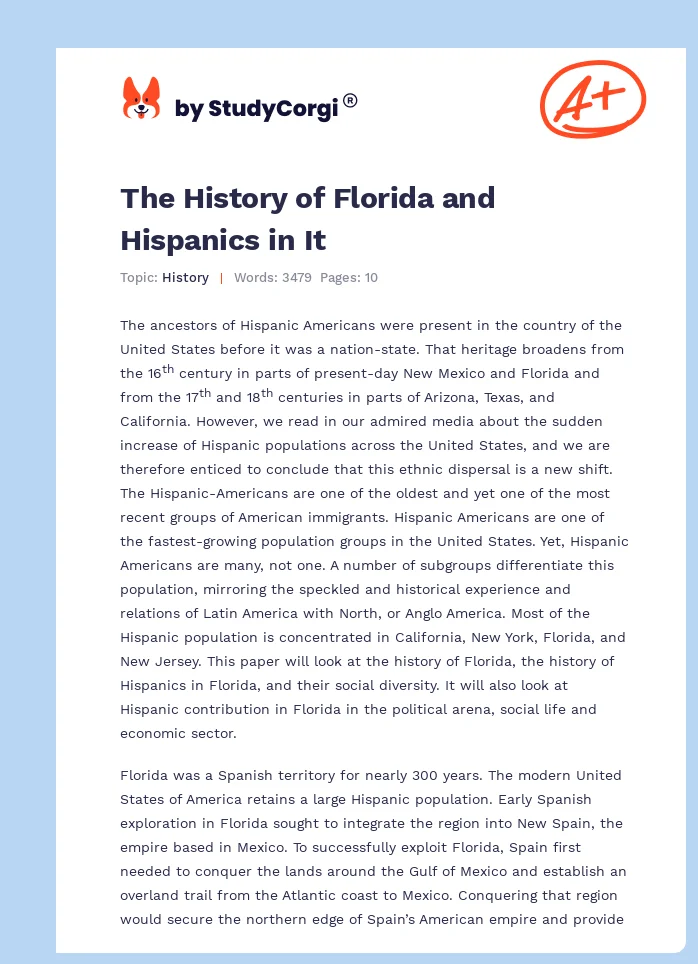 The History of Florida and Hispanics in It. Page 1