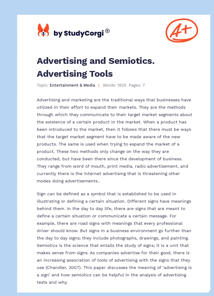 Advertising and Semiotics. Advertising Tools. Page 1