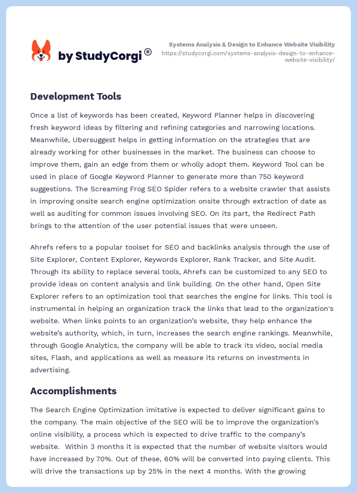 Systems Analysis & Design to Enhance Website Visibility. Page 2