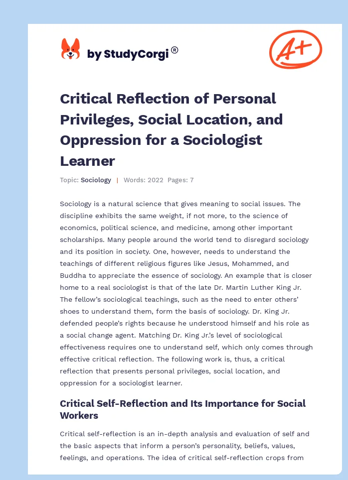 Critical Reflection of Personal Privileges, Social Location, and Oppression for a Sociologist Learner. Page 1