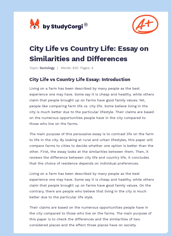 City Life vs Country Life: Essay on Similarities and Differences. Page 1