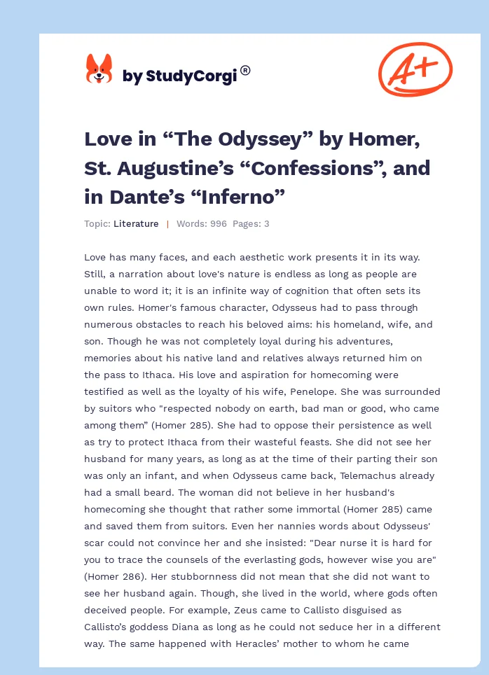 Love in “The Odyssey” by Homer, St. Augustine’s “Confessions”, and in Dante’s “Inferno”. Page 1