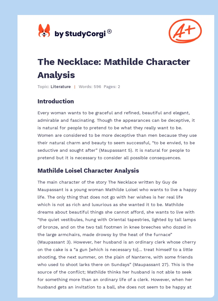The Necklace: Mathilde Character Analysis. Page 1