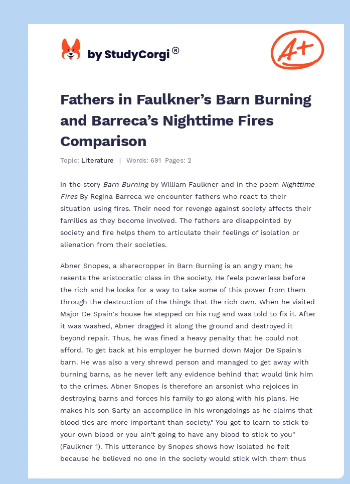 Fathers in Faulkner’s Barn Burning and Barreca’s Nighttime Fires Comparison. Page 1