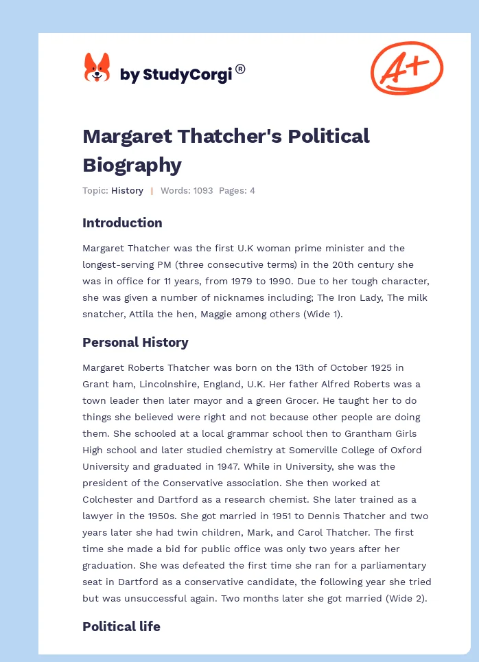Margaret Thatcher's Political Biography. Page 1