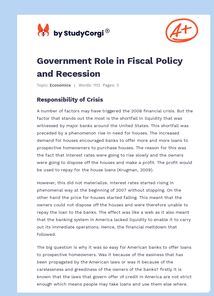 Government Role in Fiscal Policy and Recession. Page 1