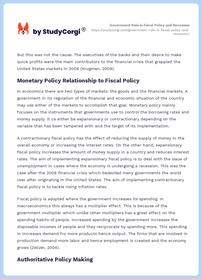 Government Role in Fiscal Policy and Recession. Page 2