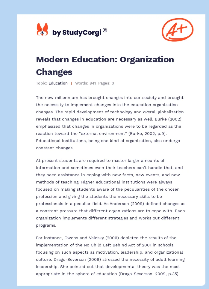 Modern Education: Organization Changes. Page 1