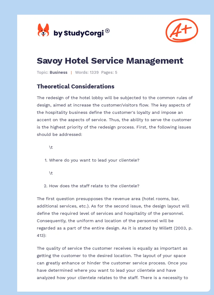 Savoy Hotel Service Management. Page 1