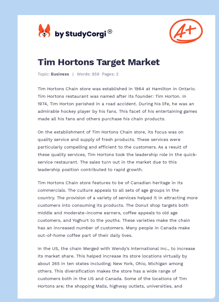 Tim Hortons Target Market. Page 1