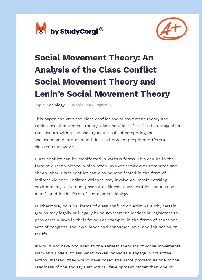 Social Movement Theory: An Analysis of the Class Conflict Social Movement Theory and Lenin’s Social Movement Theory. Page 1