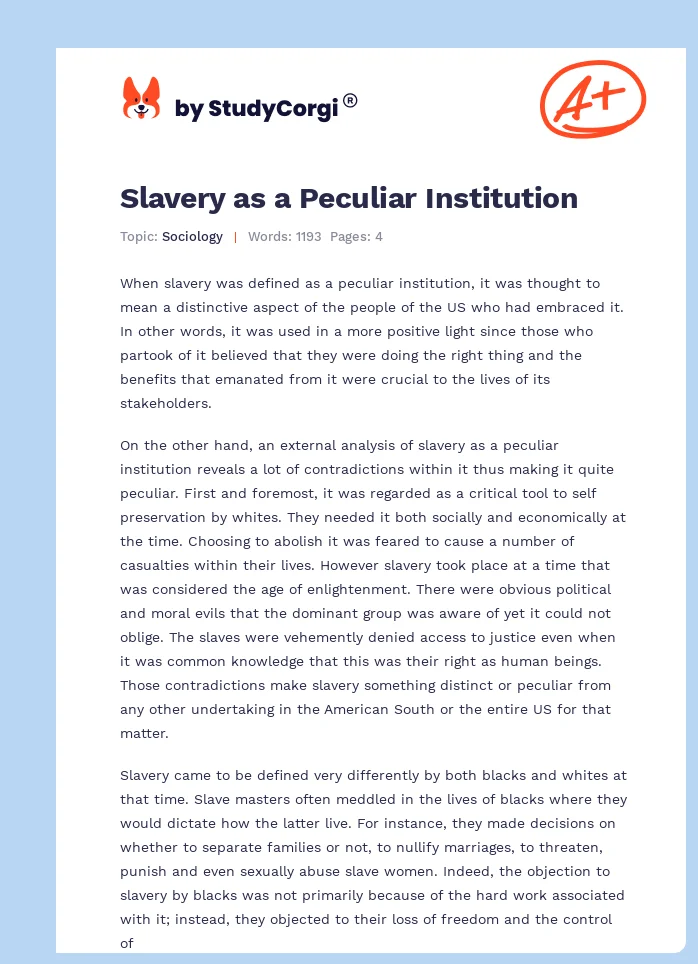 Slavery as a Peculiar Institution. Page 1