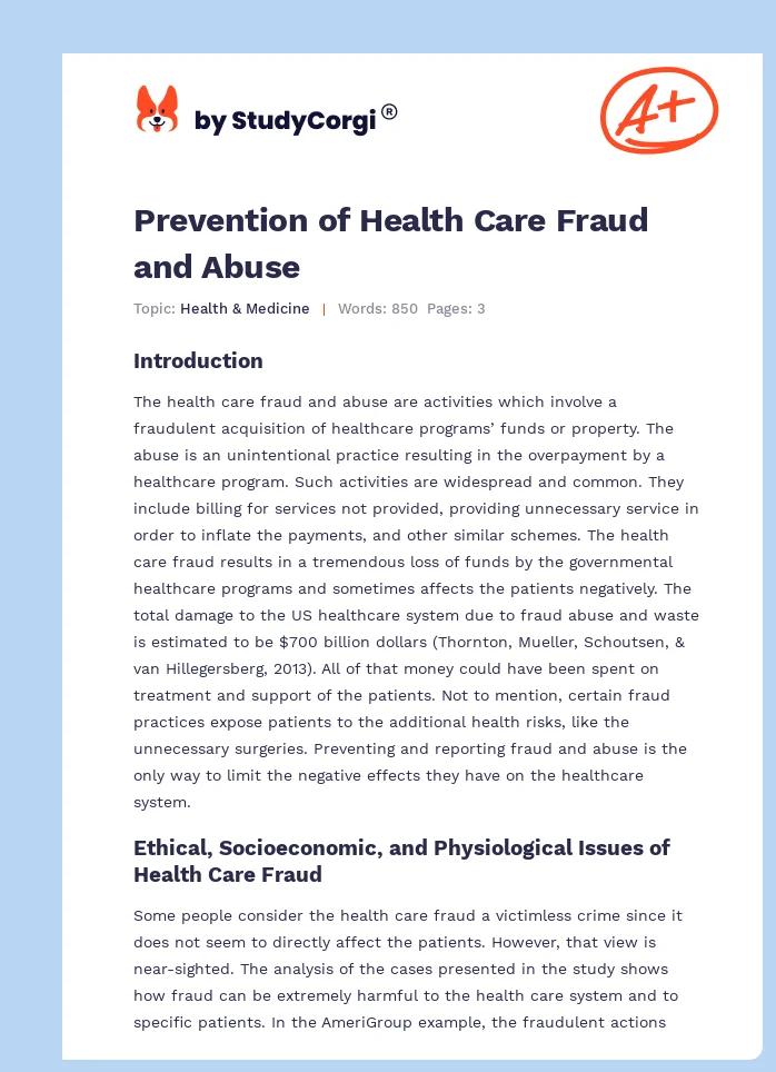 Prevention of Health Care Fraud and Abuse. Page 1