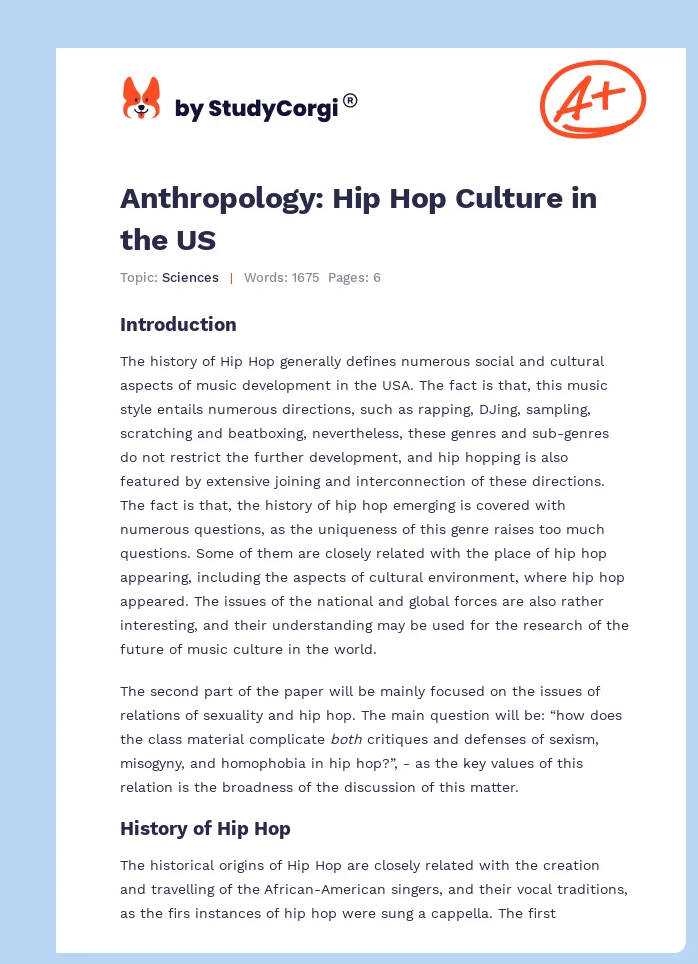 Anthropology: Hip Hop Culture in the US. Page 1
