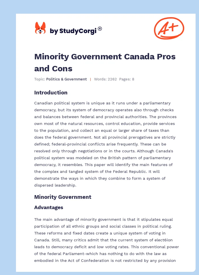 Minority Government Canada Pros and Cons. Page 1