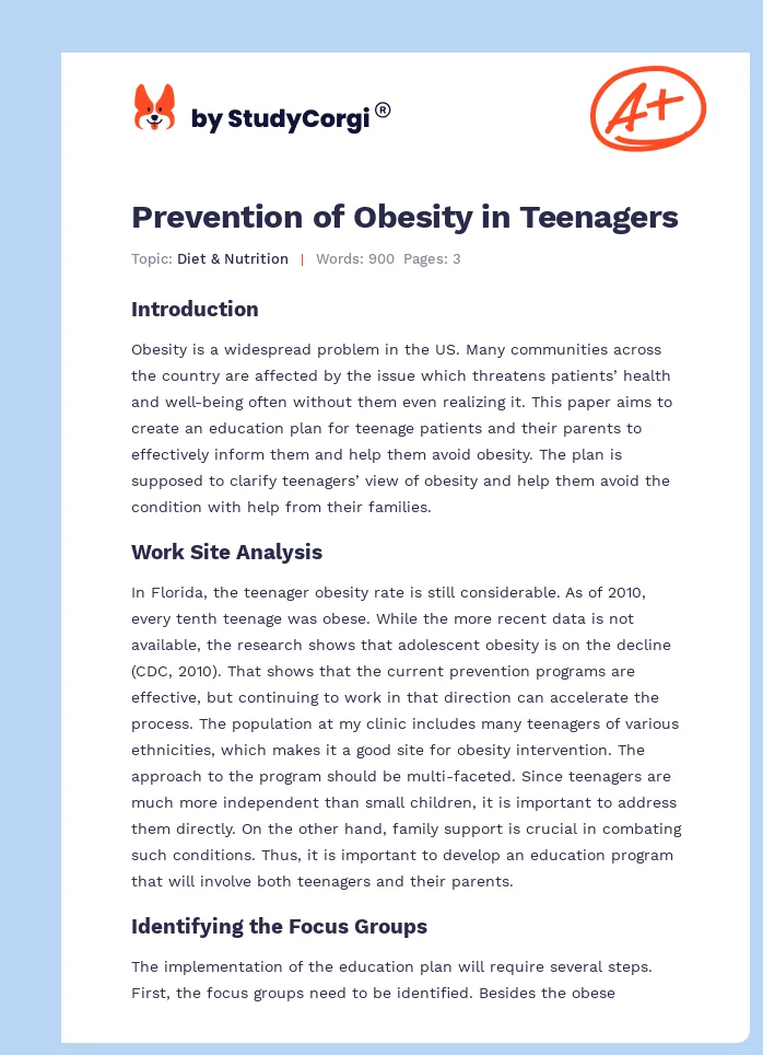 Prevention of Obesity in Teenagers. Page 1