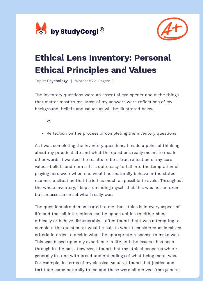 Ethical Lens Inventory: Personal Ethical Principles and Values. Page 1