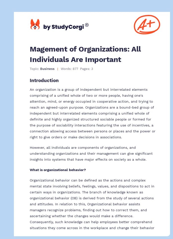 Magement of Organizations: All Individuals Are Important. Page 1