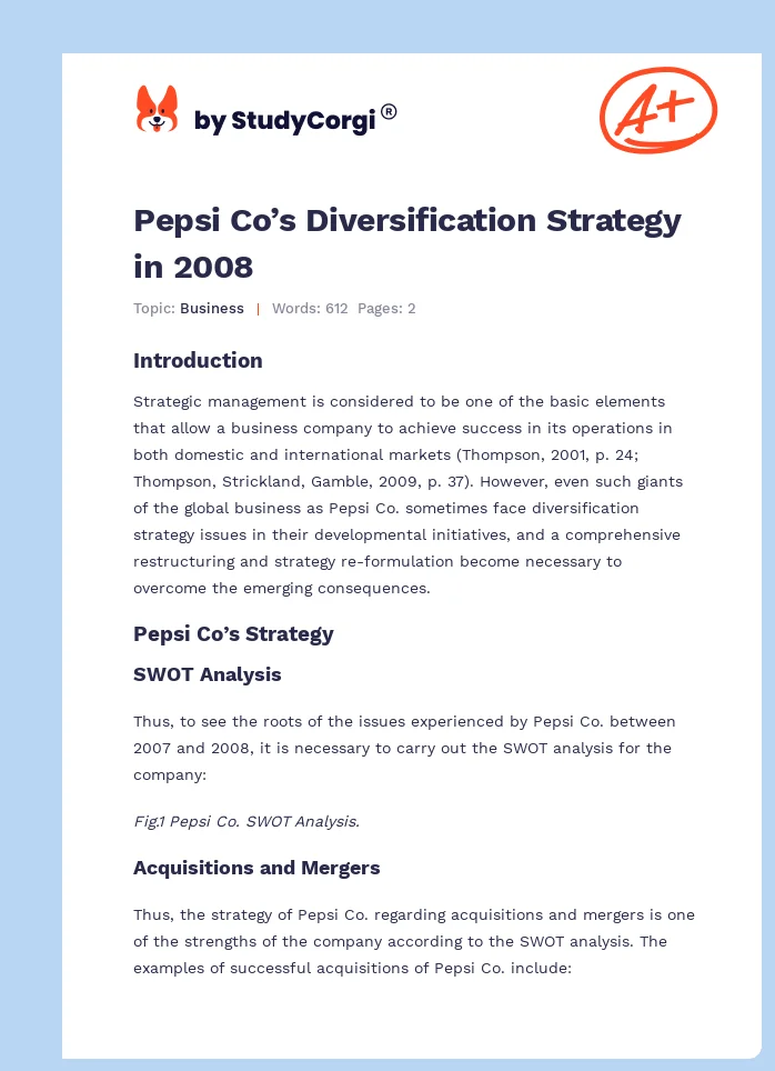Pepsi Co’s Diversification Strategy in 2008. Page 1