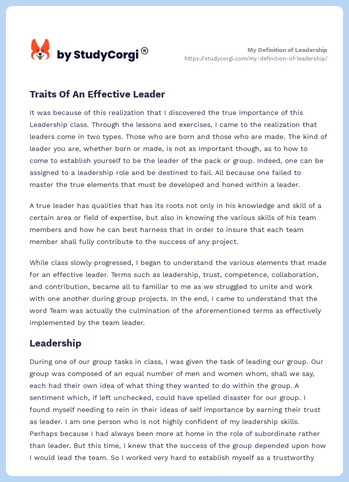My Definition of Leadership. Page 2