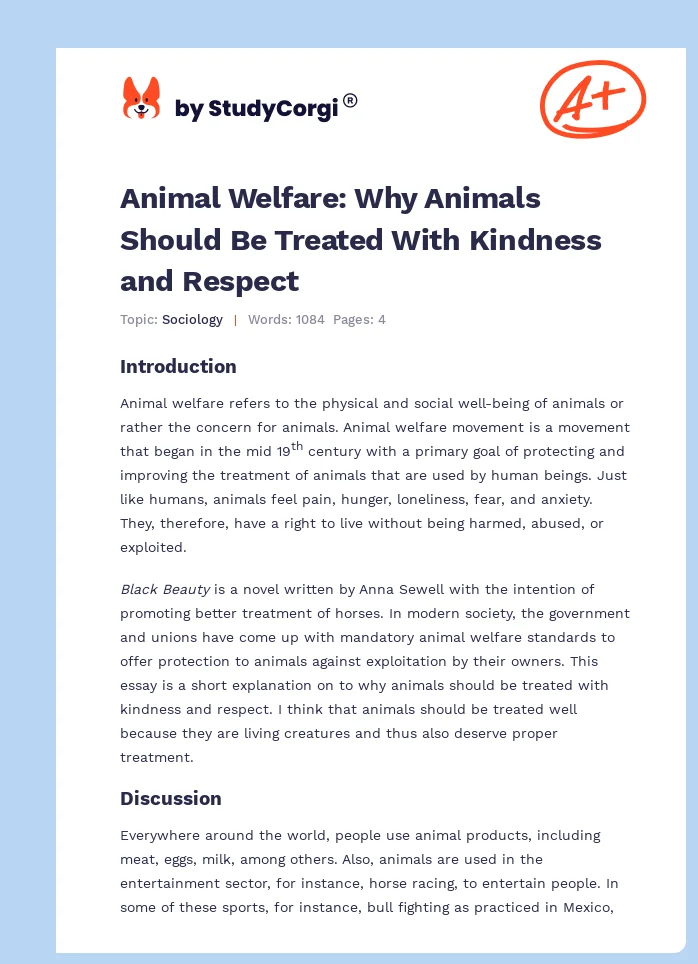 Animal Welfare: Why Animals Should Be Treated With Kindness and Respect. Page 1