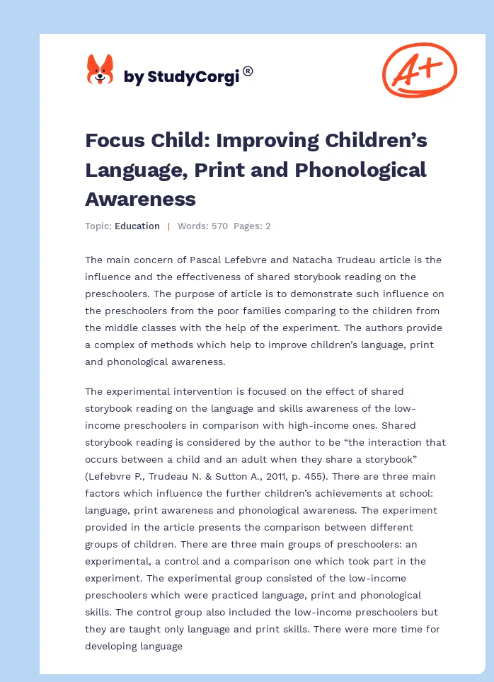 Focus Child: Improving Children’s Language, Print and Phonological Awareness. Page 1