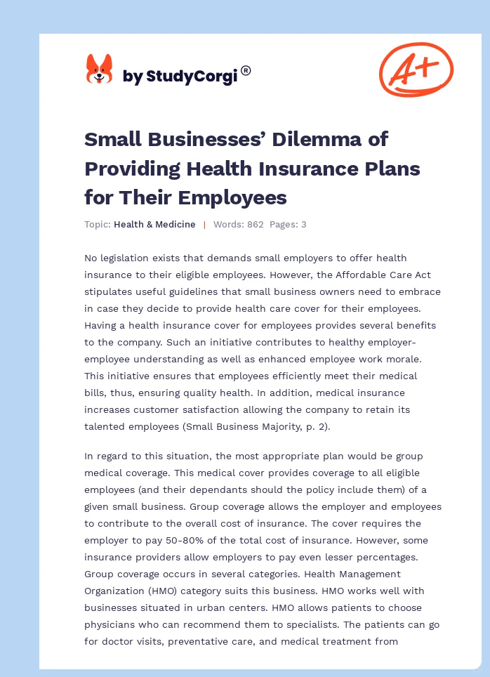 Small Businesses’ Dilemma of Providing Health Insurance Plans for Their Employees. Page 1