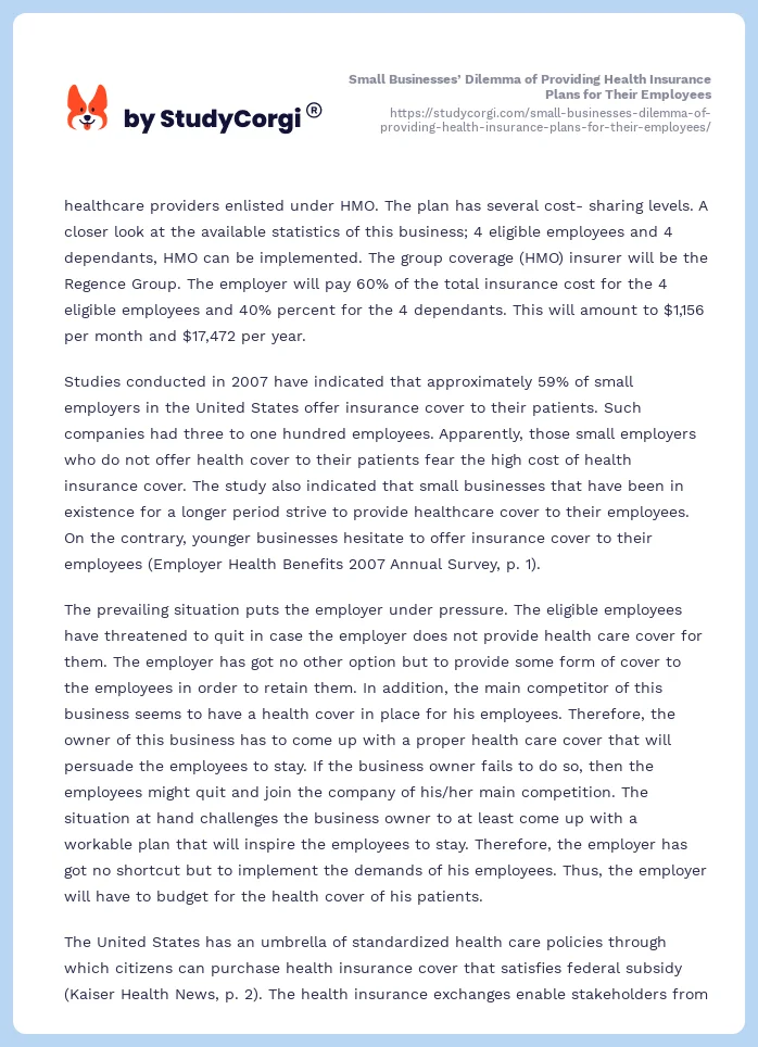 Small Businesses’ Dilemma of Providing Health Insurance Plans for Their Employees. Page 2