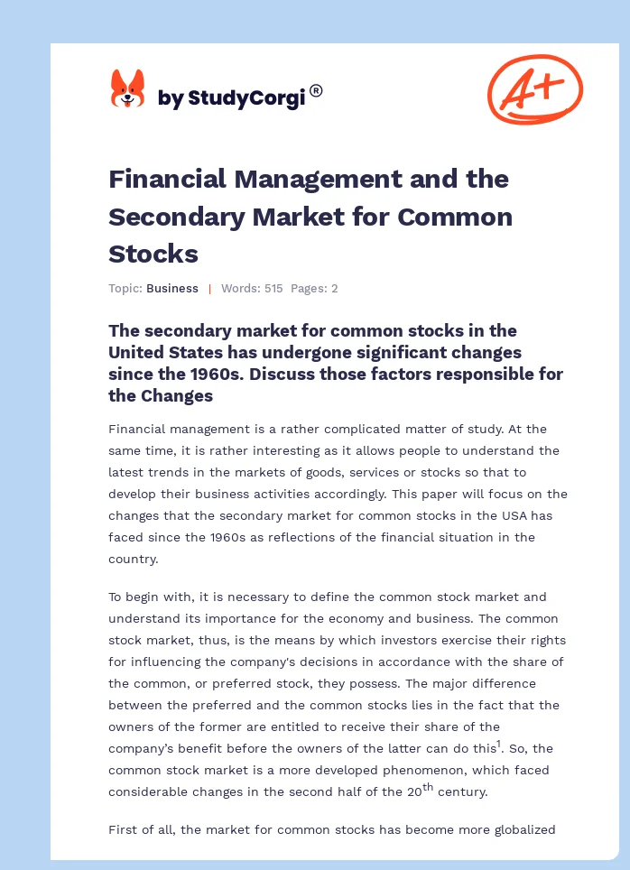 Financial Management and the Secondary Market for Common Stocks. Page 1