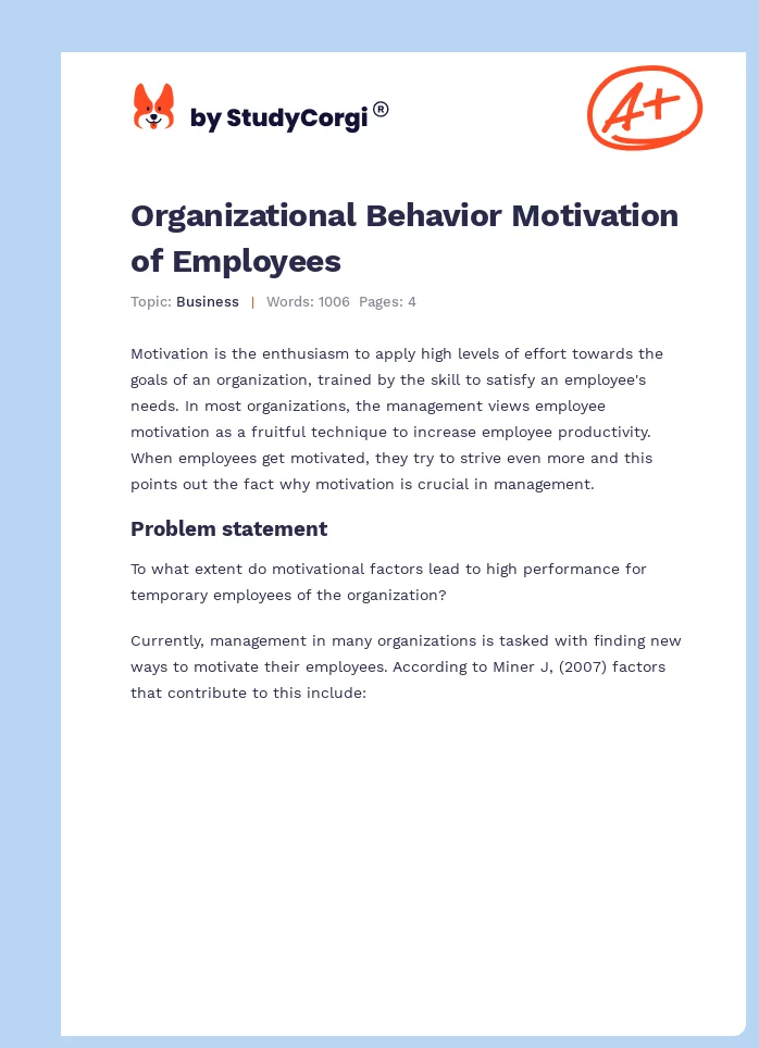 Organizational Behavior Motivation of Employees. Page 1