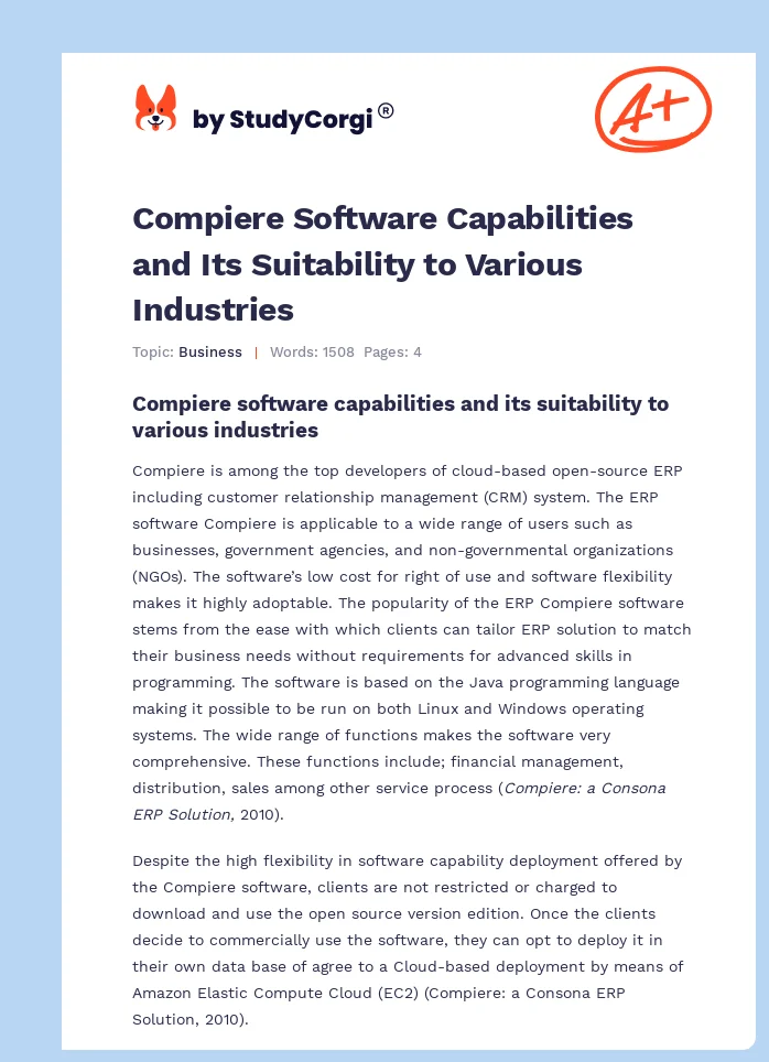 Compiere Software Capabilities and Its Suitability to Various Industries. Page 1