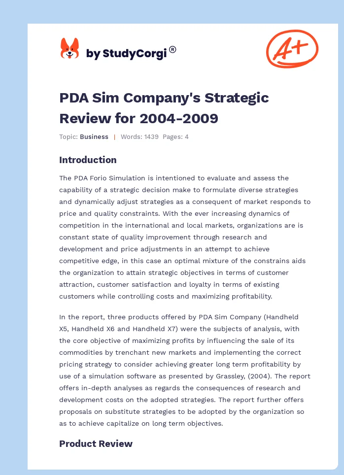 PDA Sim Company's Strategic Review for 2004-2009. Page 1